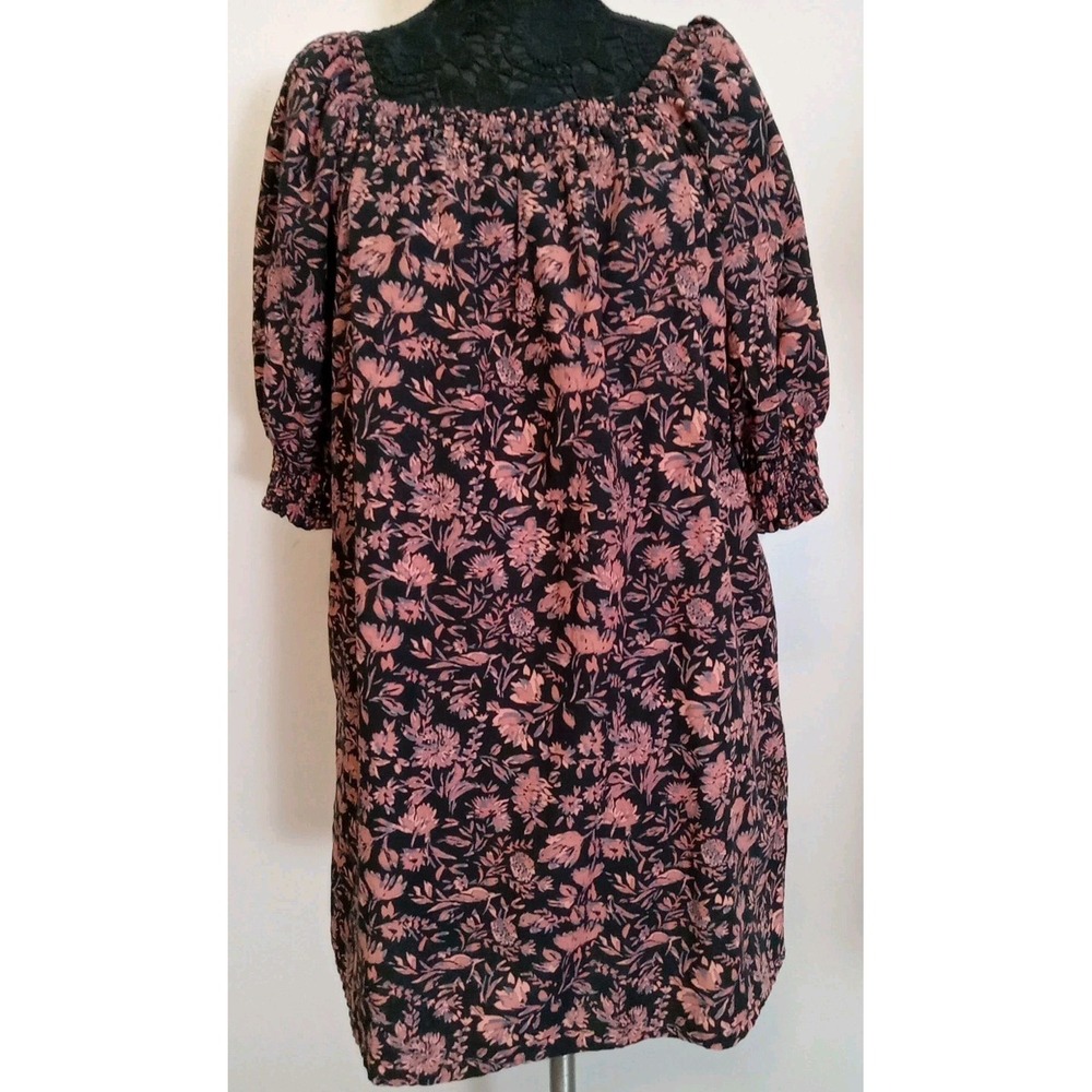roan ryan Black Multicolor Floral‎ Elastic Neckline Babydoll Tunic Dress Size L
